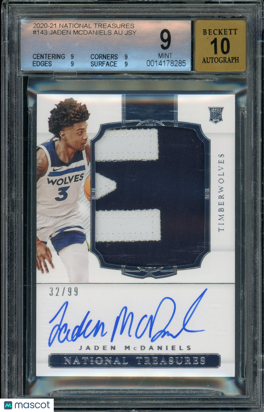 2020-21 National Treasures Jaden McDaniels #143 Rookie Patch Auto BGS 9