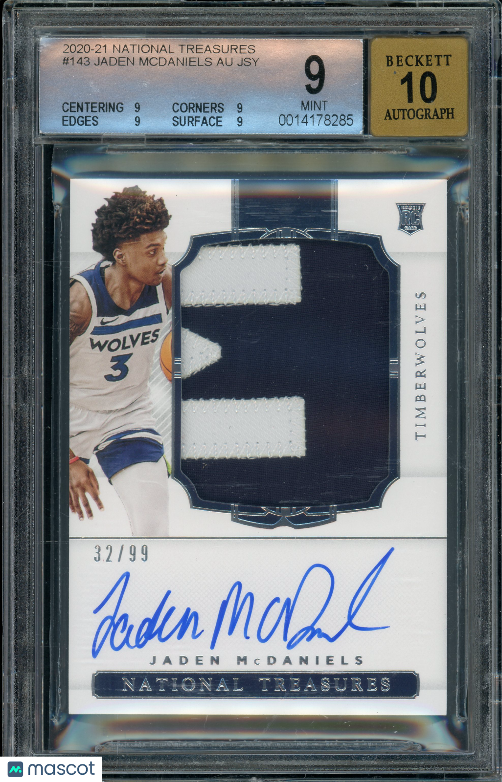 2020-21 National Treasures Jaden McDaniels #143 Rookie Patch Auto /99 BGS 9