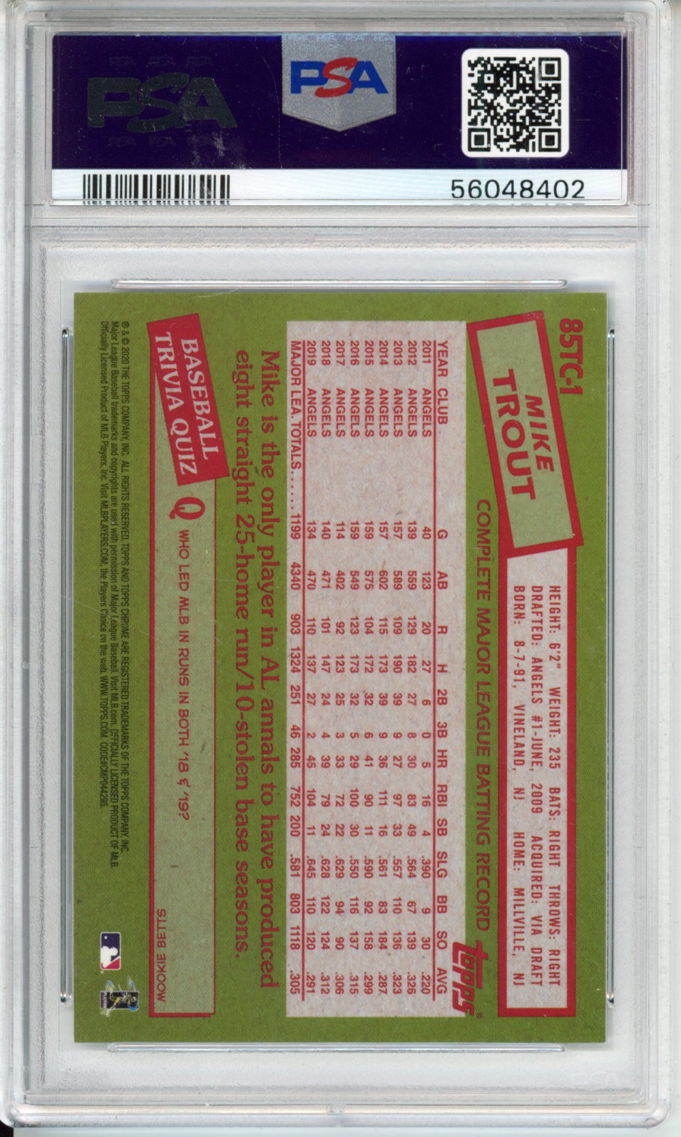 2020 Ben Baller Chrome 1985 Topps Mike Trout #85TC1 PSA 10