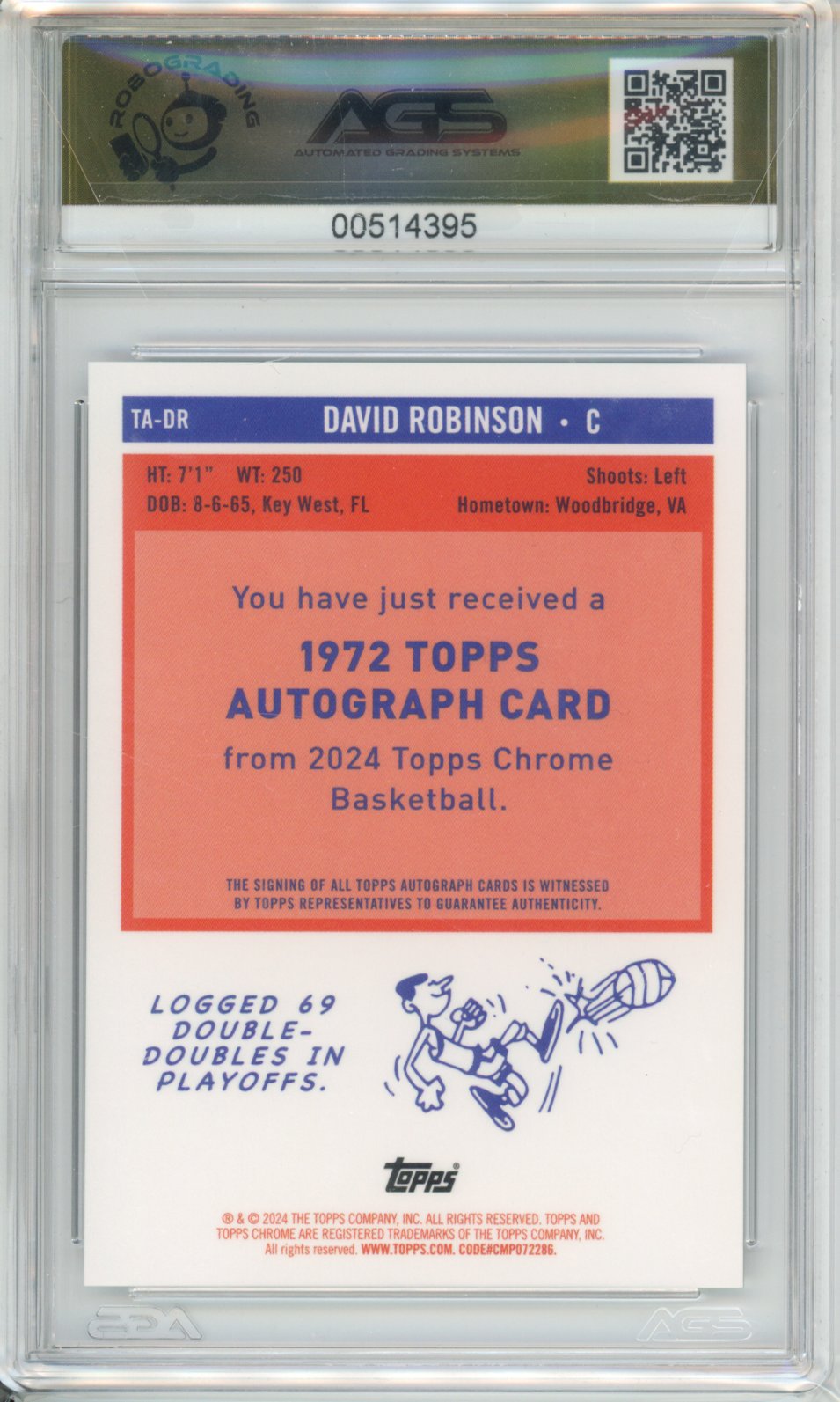 2024 Basketball 2023-24 TOPPS CHROME BASKETBALL DAVID ROBINSON #TA-DR AGS 9.5