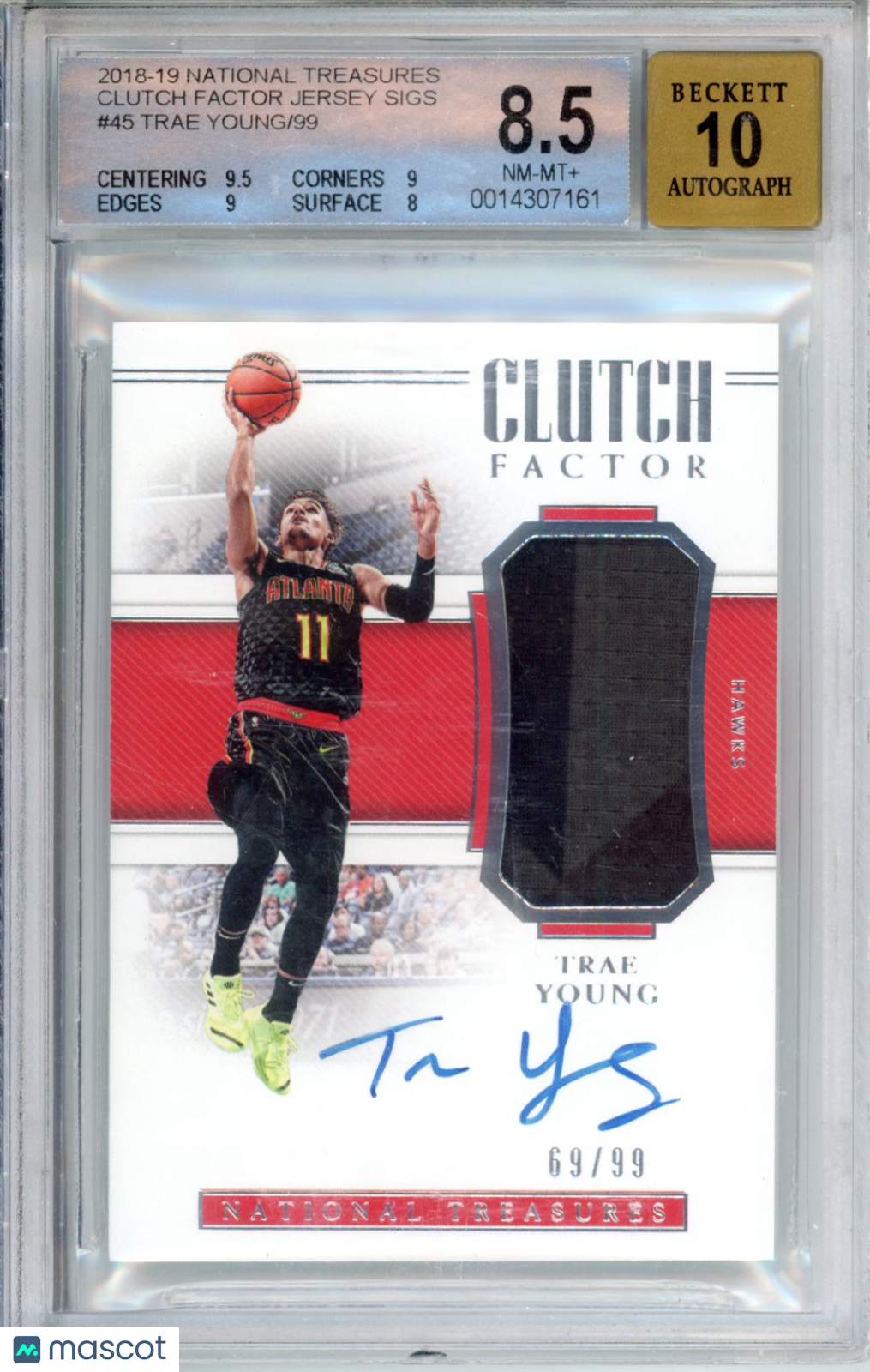 2018 Panini National Treasures Clutch Factor Jersey Signatures Trae Young #45 BGS 8.5 Auto 10