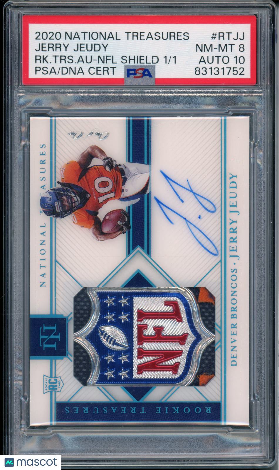 2020 National Treasures Jerry Jeudy #RTJJ Rookie Patch Auto NFL Shield RPA 1/1 PSA 8