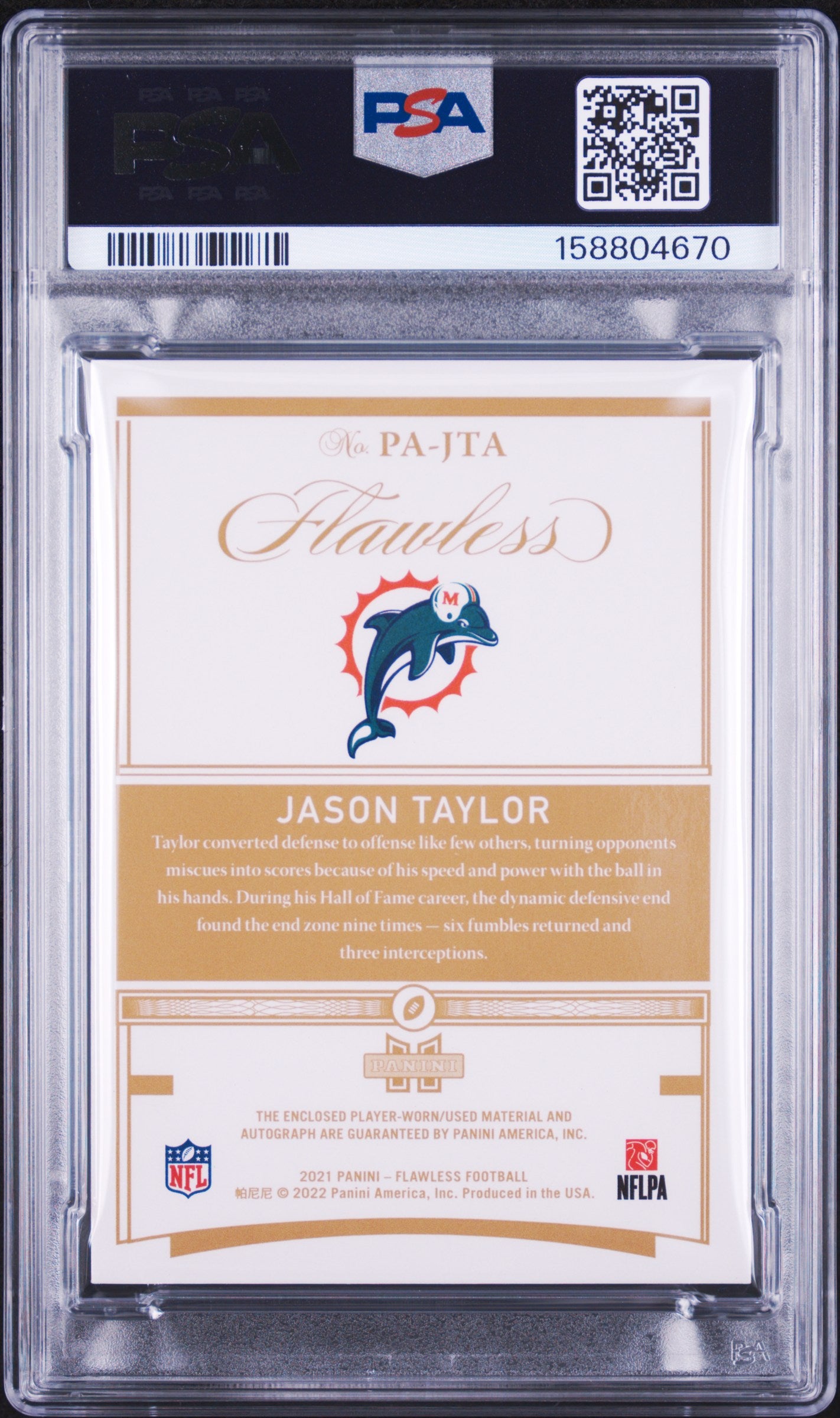 2021 unknown Panini Flawless Patch Autographs Jason Taylor Platinum 1/1 PAJTA English PSA 7