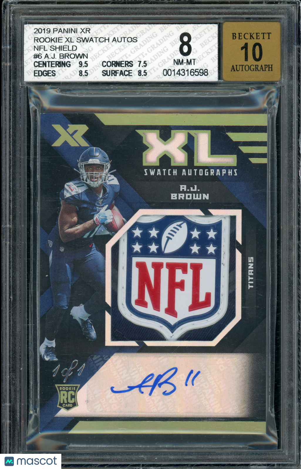 2019 Panini XR A.J. Brown #6 Rookie XL Swatch Auto NFL Shield BGS 8 RPA 1/1