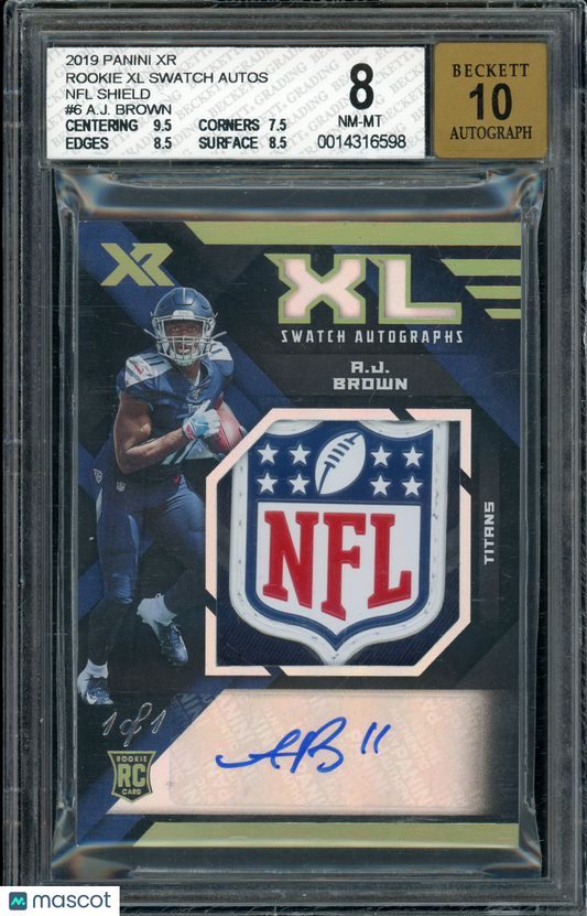 2019 Panini XR A.J. Brown #6 Rookie XL Swatch Auto NFL Shield BGS 8 RPA