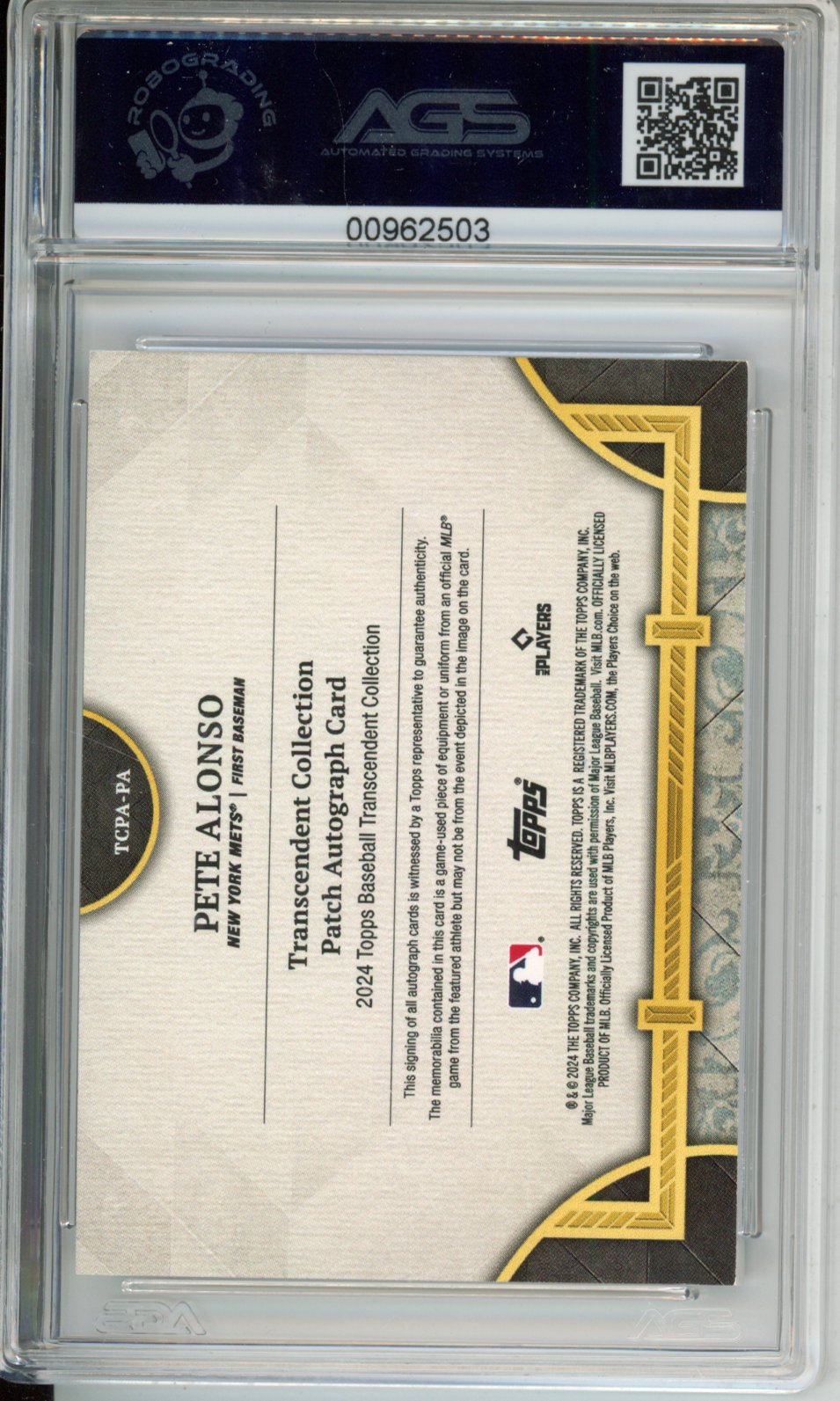2024 Topps Transcendent Pete Alonso #TCPA-PA Collection Patch Autographs English AGS 8