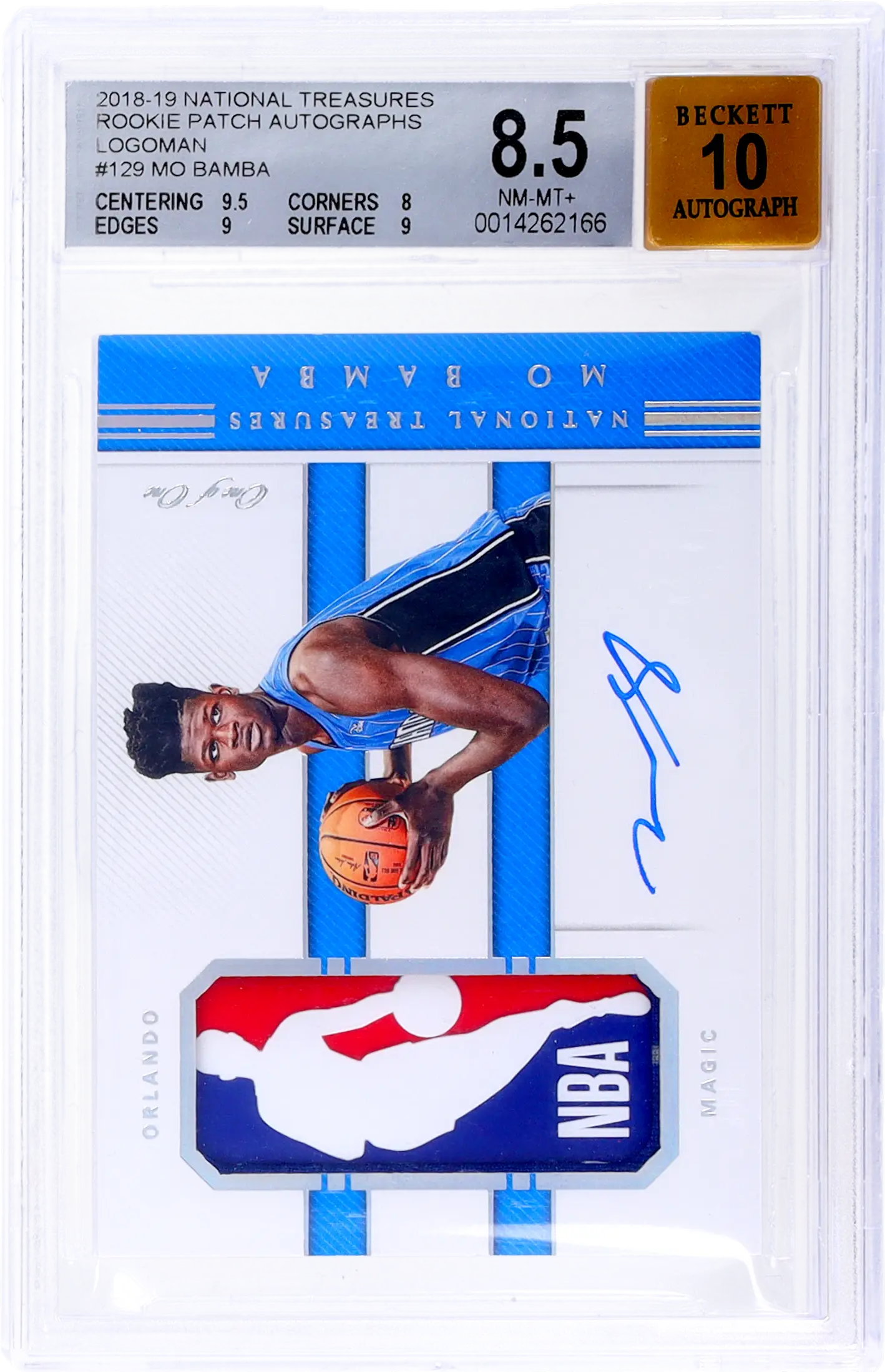 2018 National Treasures Mo Bamba #129 Rookie Patch Auto Logoman BGS 8.5 RPA RC 1/1