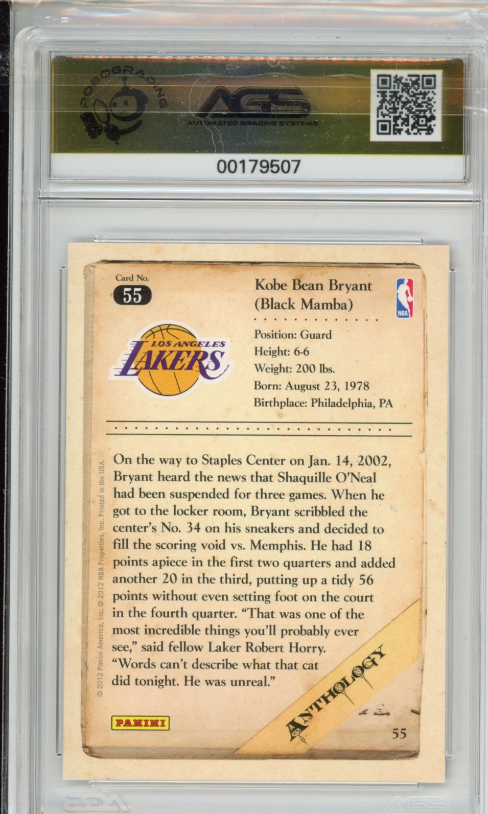 Basketball 2012-13 Panini Kobe Anthology KOBE BRYANT #055 AGS 9.5