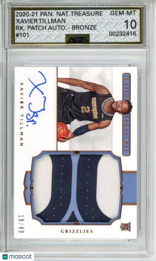 2020-21 Panini National Treasures Xavier Tillman #101 RPA RC Bronze AGS 10
