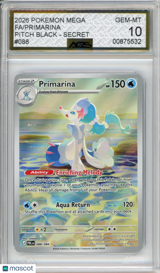 2026 Pokemon PITCH BLACK PRIMARINA #088 AGS 10