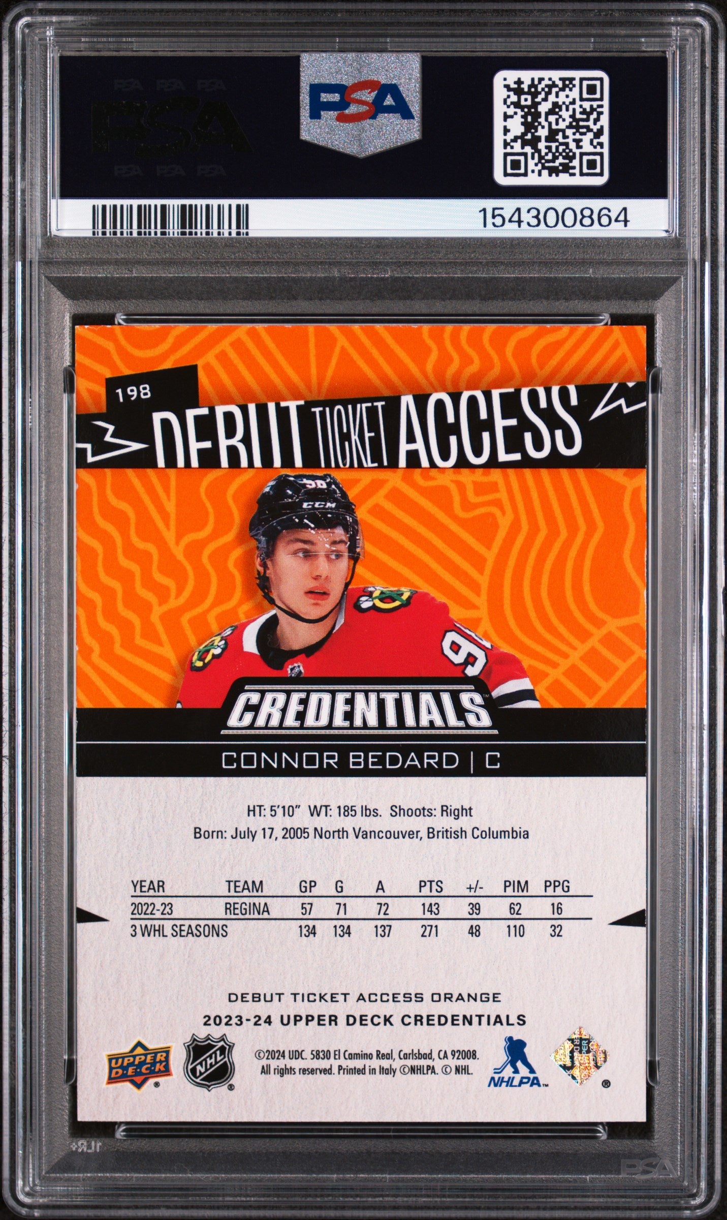 2023 unknown Upper Deck Credentials Connor Bedard Orange 198 English PSA 7