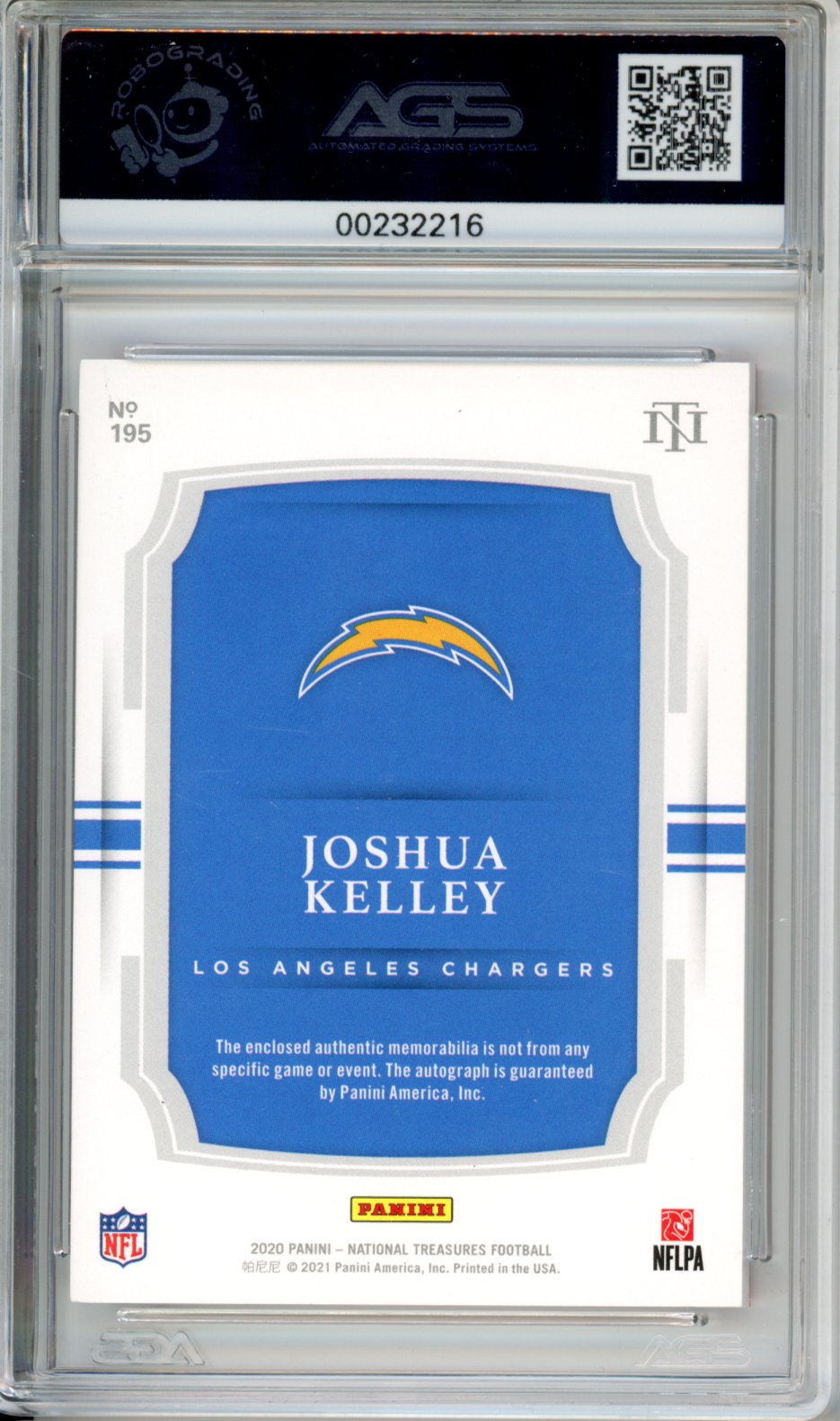 2021 Football 2020 Panini National Treasures Joshua Kelley #195 /20 AGS 9