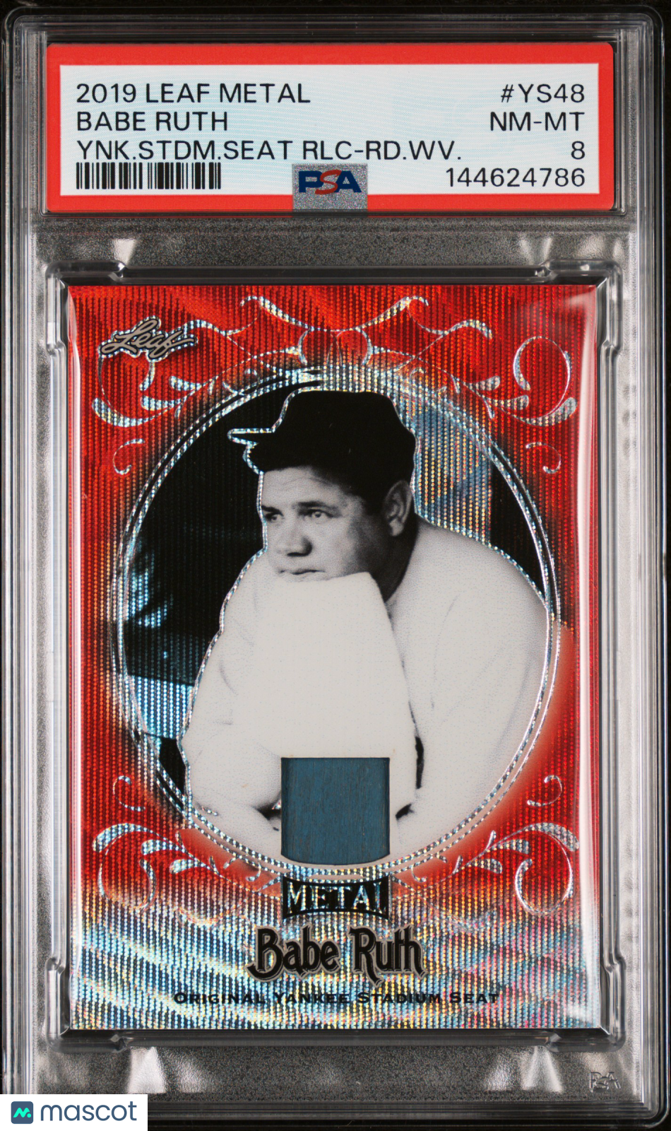 2019 Leaf Metal Babe Ruth Yankee Stadium Seat Relics Babe Ruth #YS48 Ynk. Stdm. Seat RLC RD. WV. /2 PSA 8