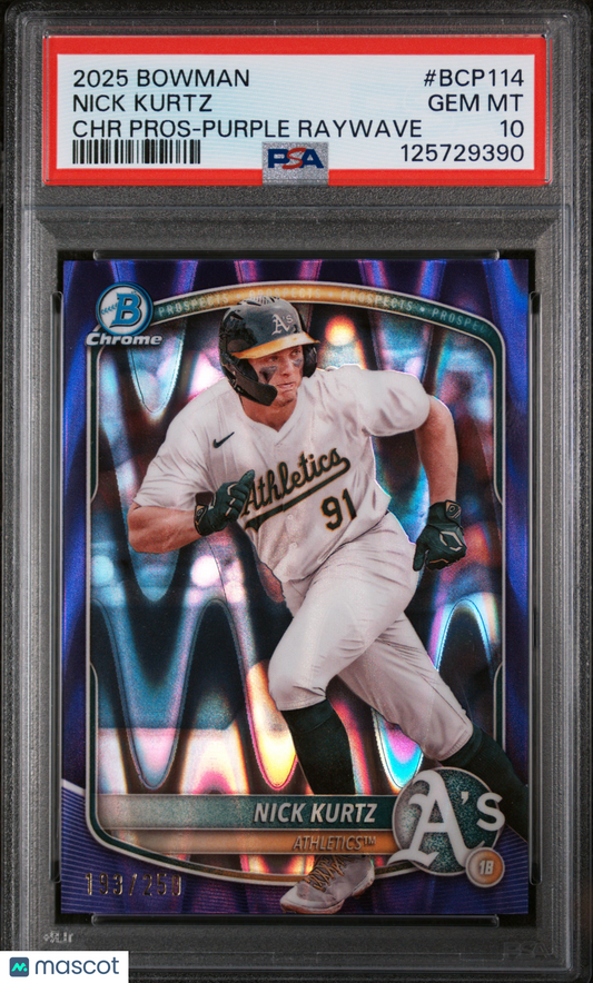 2025 Bowman Chrome Prospects Nick Kurtz #BCP114 Purple Raywave PSA 10