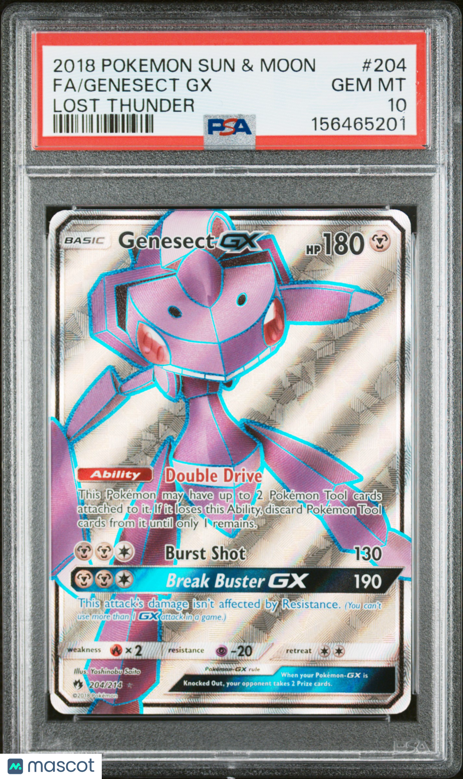 2018 Pokemon Sun & Moon Lost Thunder Genesect GX #204 Fa Lost Thunder PSA 10