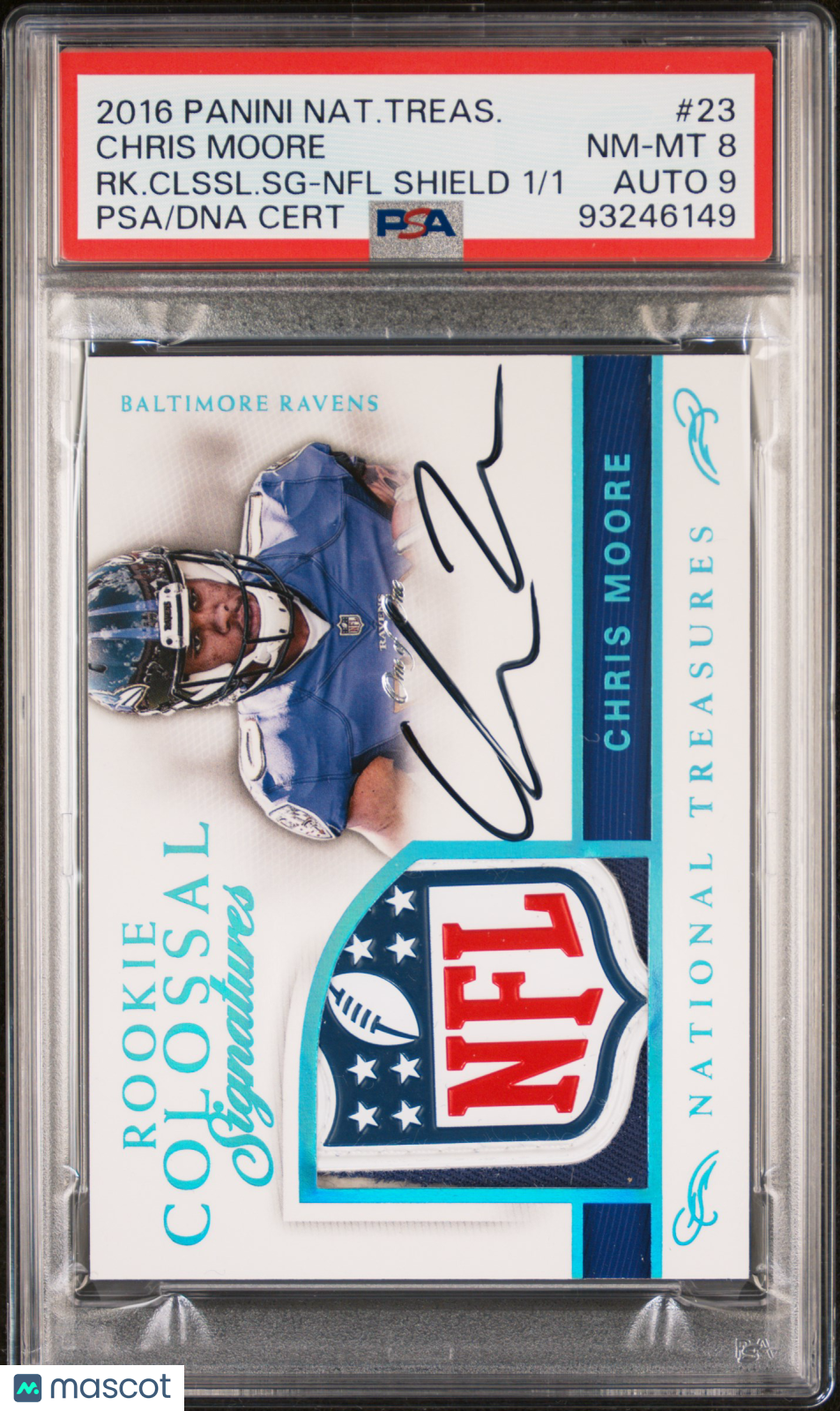 2016 National Treasures Chris Moore #23 Rookie Patch Auto NFL Shield 1/1 PSA 8 RPA