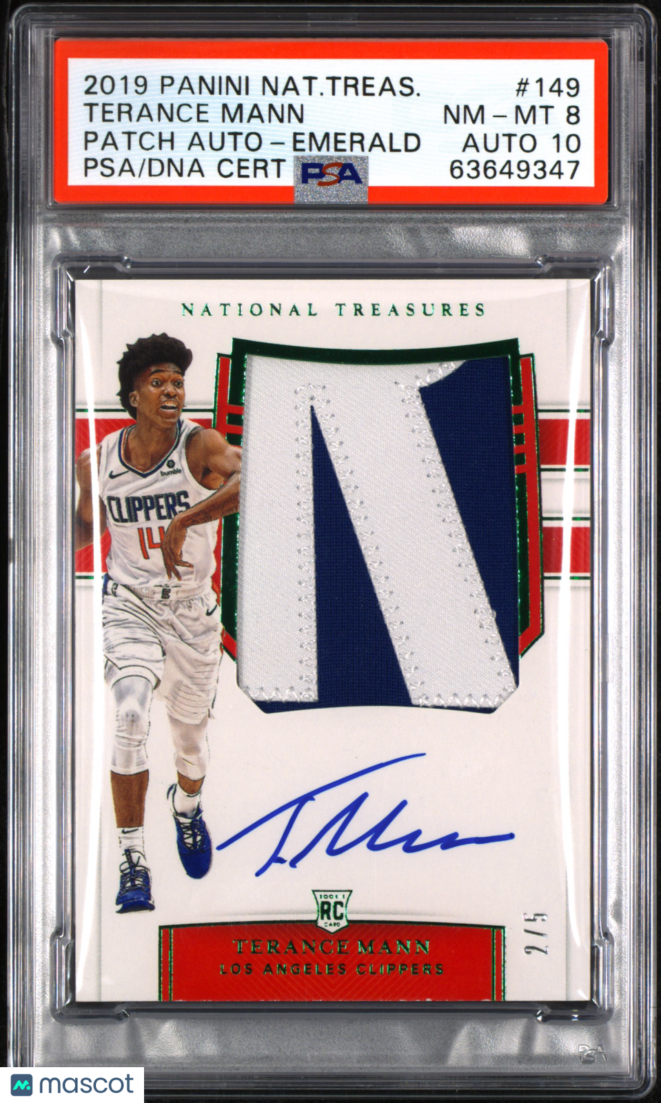 2019 National Treasures Terance Mann #149 Patch Auto Emerald PSA 8
