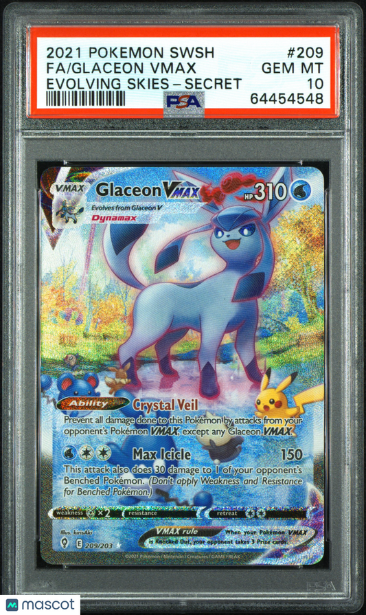 2021 Pokemon Sword & Shield Evolving Skies Glaceon VMAX #209 Fa Evolving Skies-Secret PSA 10