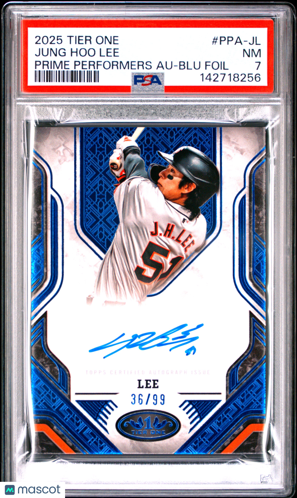2025 Topps Tier One Prime Performers Autographs Jung Hoo Lee #PPA-JL Blu Foil 36/99 PSA 7