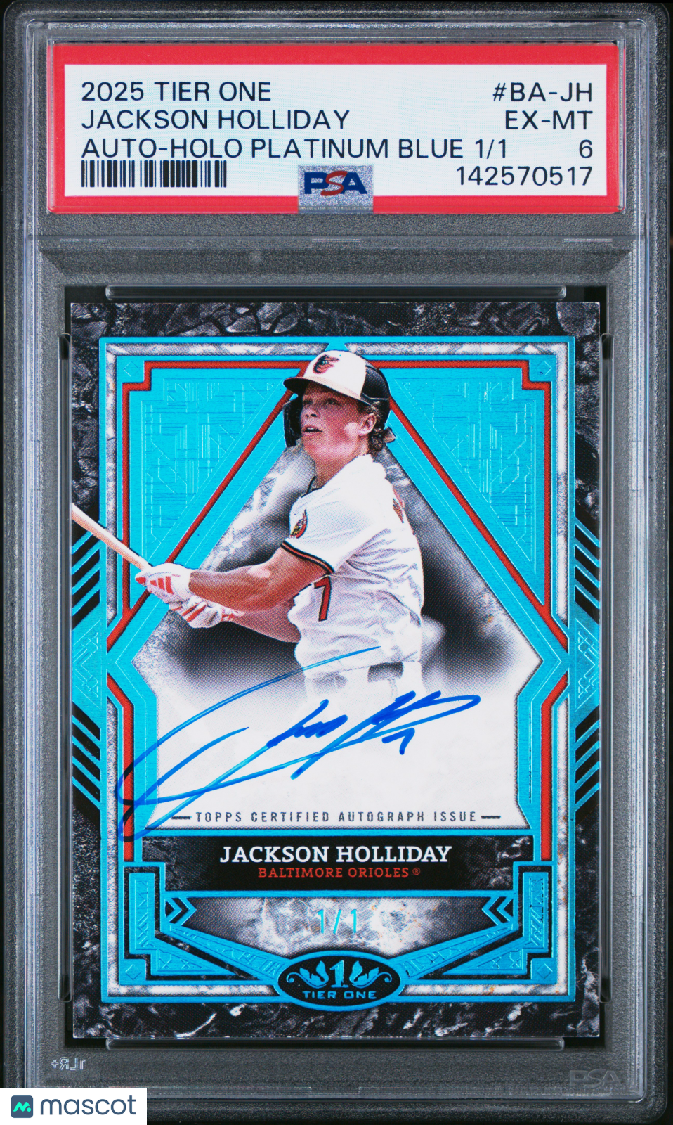 2025 Topps Tier One Auto Jackson Holliday #BA-JH Holo Platinum Blue PSA 6 /1