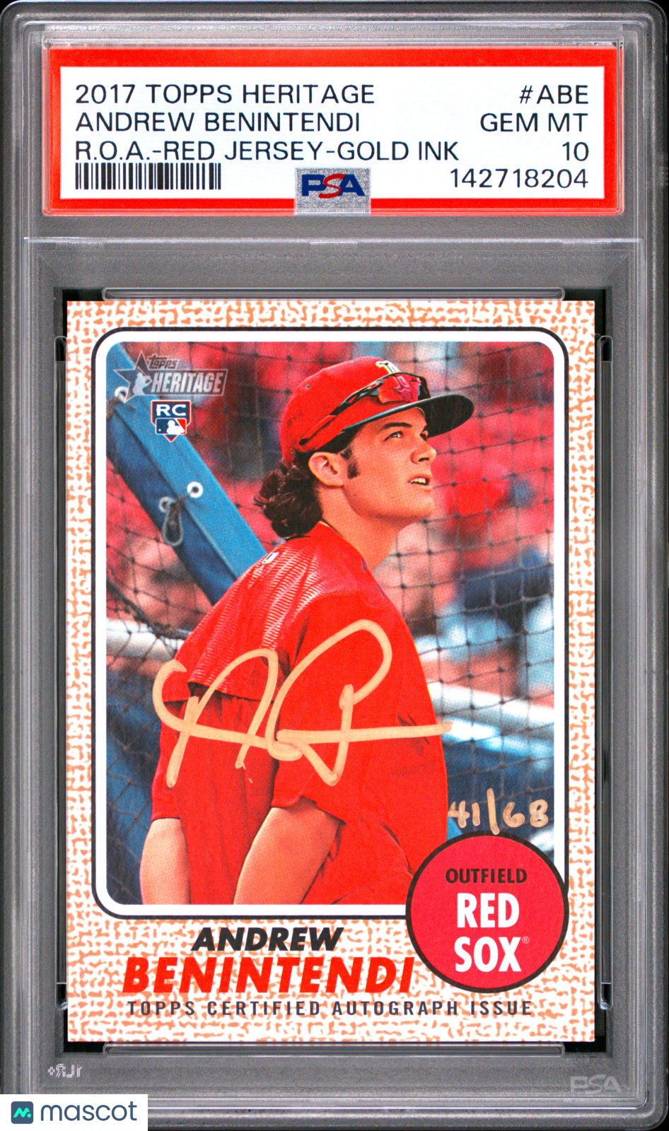 2017 Topps Heritage Real One Autographs Andrew Benintendi #ABE R. O. A. Red Jersey Gold Ink PSA 10