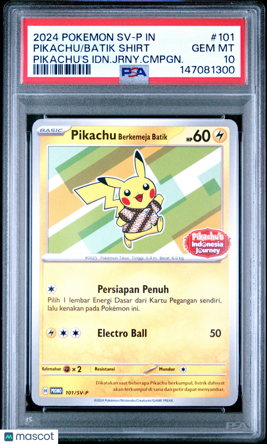 2024 Pokemon Indonesian SV-P Promo Pikachu Batik Shirt #101 Pikachu's Idn.Jrny.Cmpgn. PSA 10