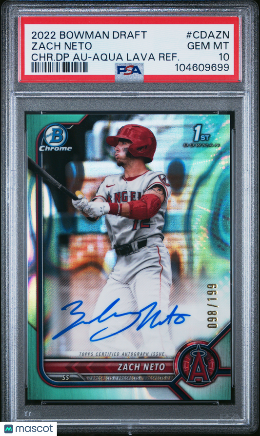 2022 Bowman Chrome Draft Pick Auto Zach Neto Aqua Lava Refractor PSA 10 /199