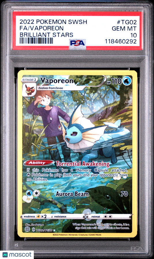 2022 Pokemon Sword & Shield Brilliant Stars Vaporeon #TG02 PSA 10