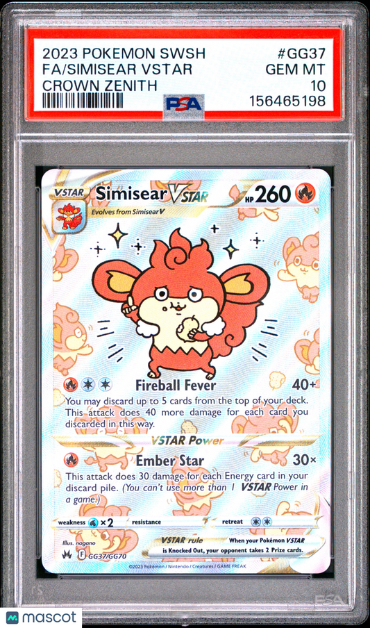 2023 Pokemon Sword And Shield Crown Zenith Simisear VSTAR #GG37 Crown Zenith Fa PSA 10