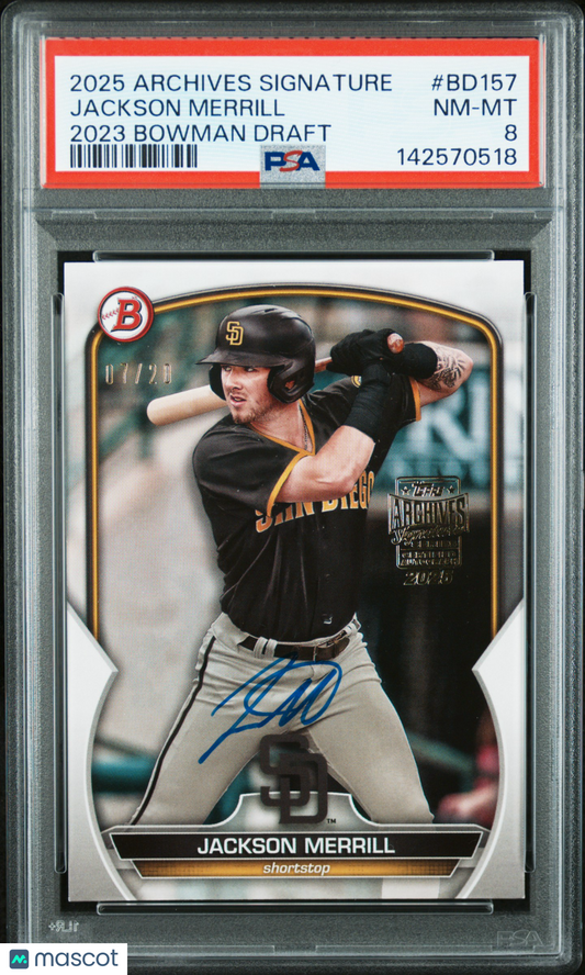 2025 Topps Archives Signature Series Jackson Merrill #BD157 2023 Bowman Draft PSA 8