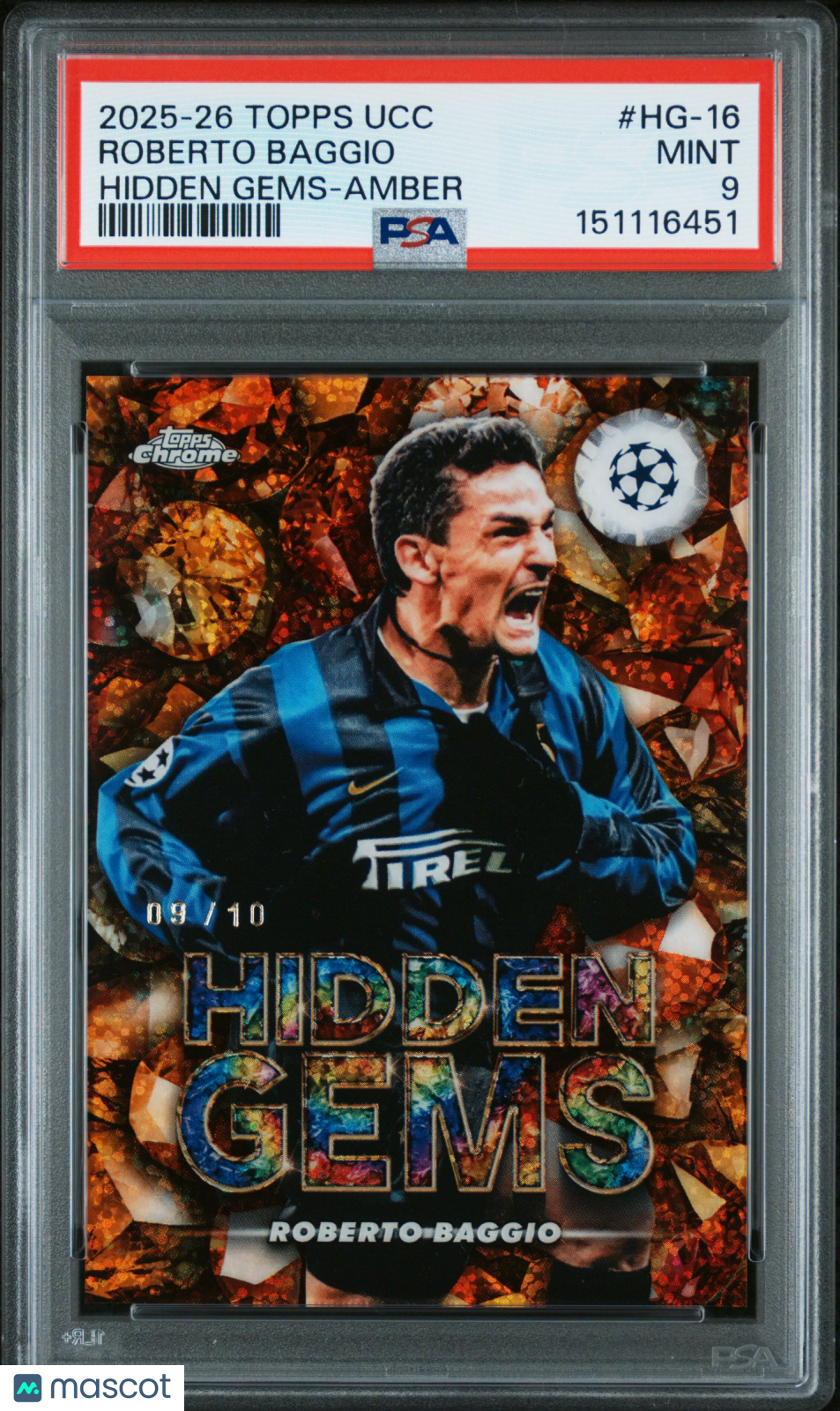 2025-2026 Topps UEFA Club Hidden Gems Roberto Baggio #HG-16 Amber PSA 9