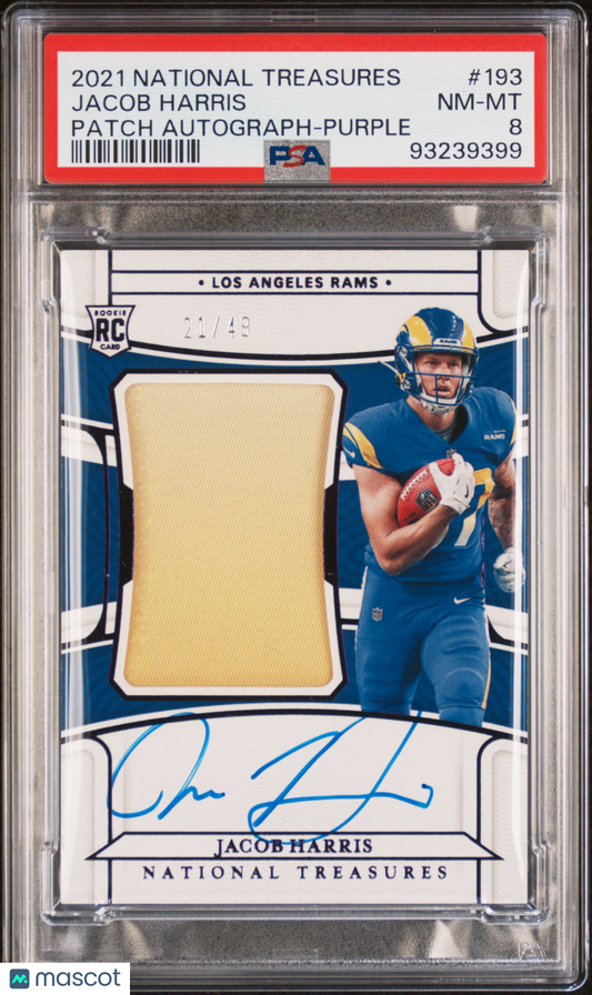 2021 Panini National Treasures Jacob Harris #193 Patch Autograph Purple PSA 8