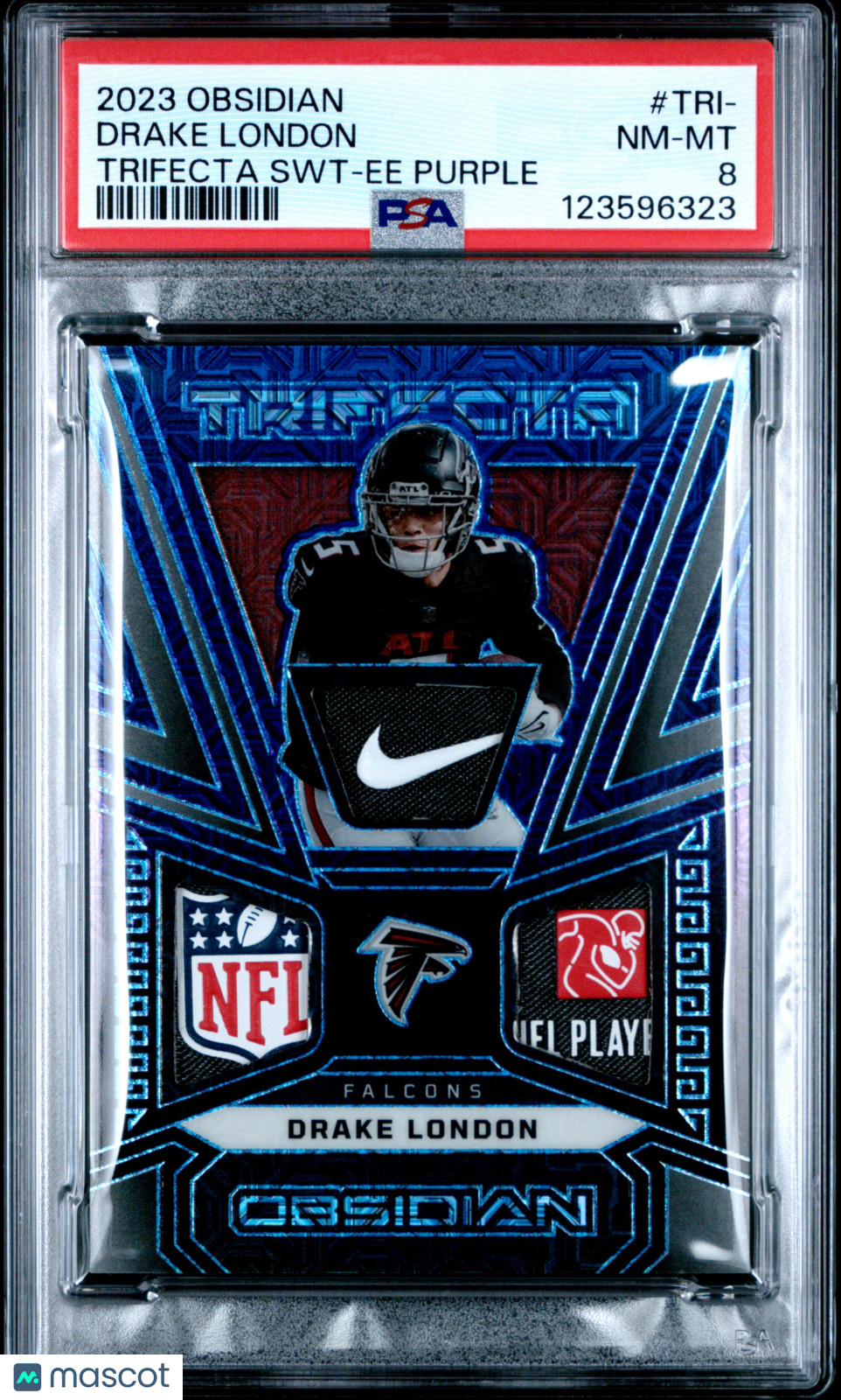 2023 Panini Obsidian Trifecta Swatches Drake London #TRI- SWT Ee Purple /5 PSA 8