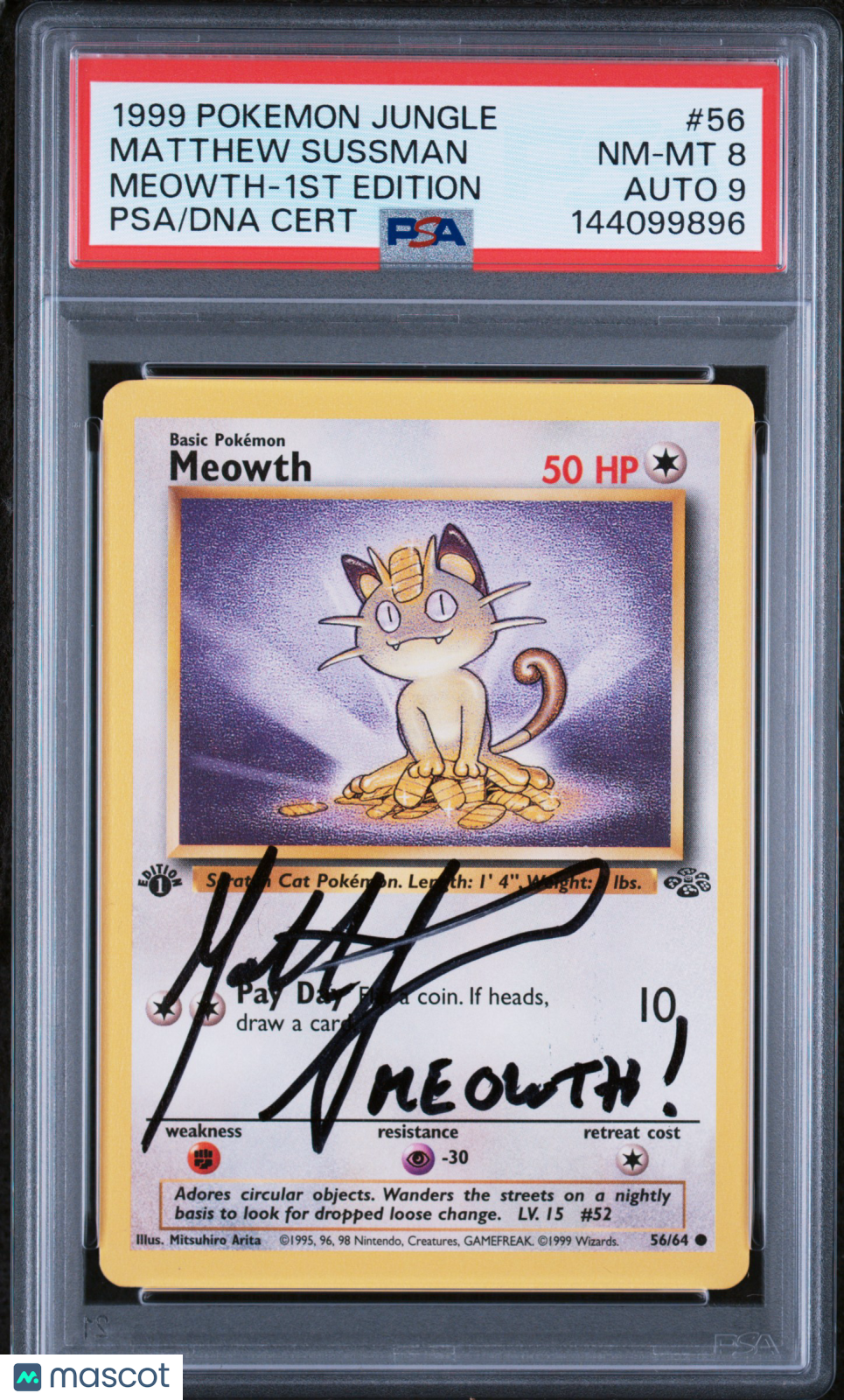 1999 Pokemon Jungle Meowth #56 Meowth-1st Edition PSA 8
