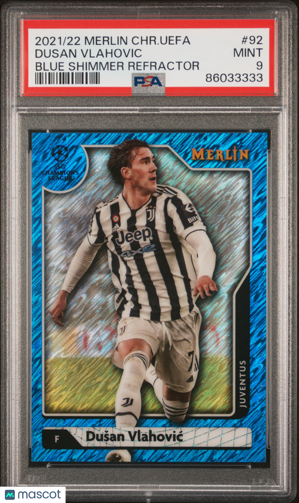 2021-2022 Topps Merlin Chrome Dusan Vlahovic #92 Blue Shimmer Refractor PSA 9