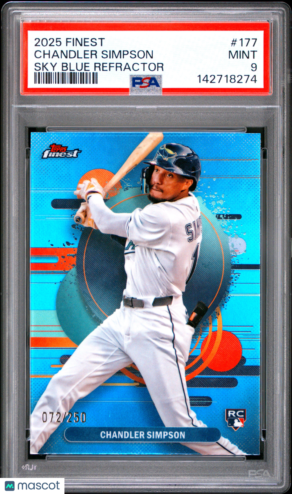 2025 Topps Finest Chandler Simpson #177 Sky Blue Refractor 072/250 PSA 9