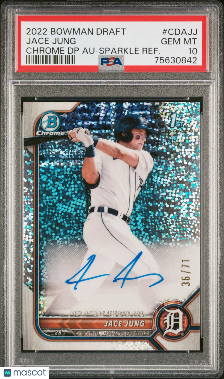 2022 Bowman Draft Chrome Draft Pick Jace Jung #CDAJJ Autographs Sparkle Refractor PSA 10