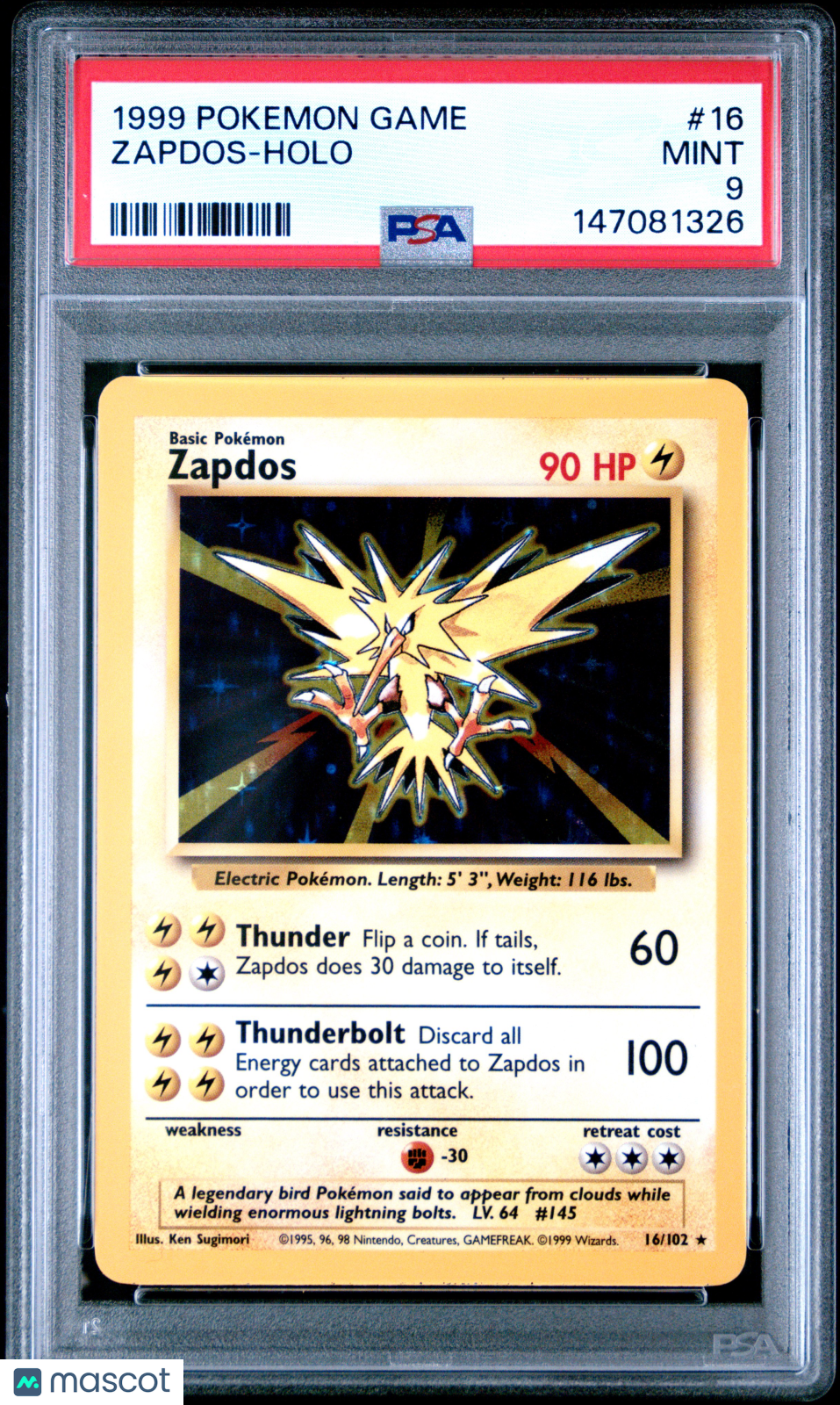 1999 Pokemon Game Zapdos #16 PSA 9