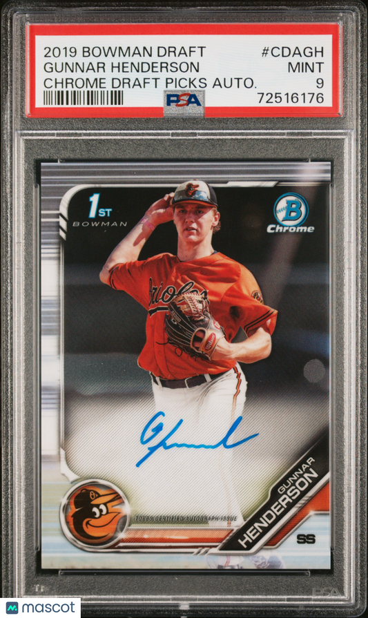 2019 Bowman Chrome Draft Picks Autograph Gunnar Henderson #CDAGH PSA 9