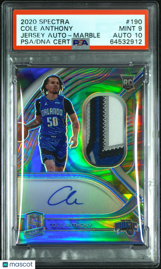 2020 Panini Spectra Cole Anthony #190 Jersey Auto Marble /5 PSA 9 Auto 10