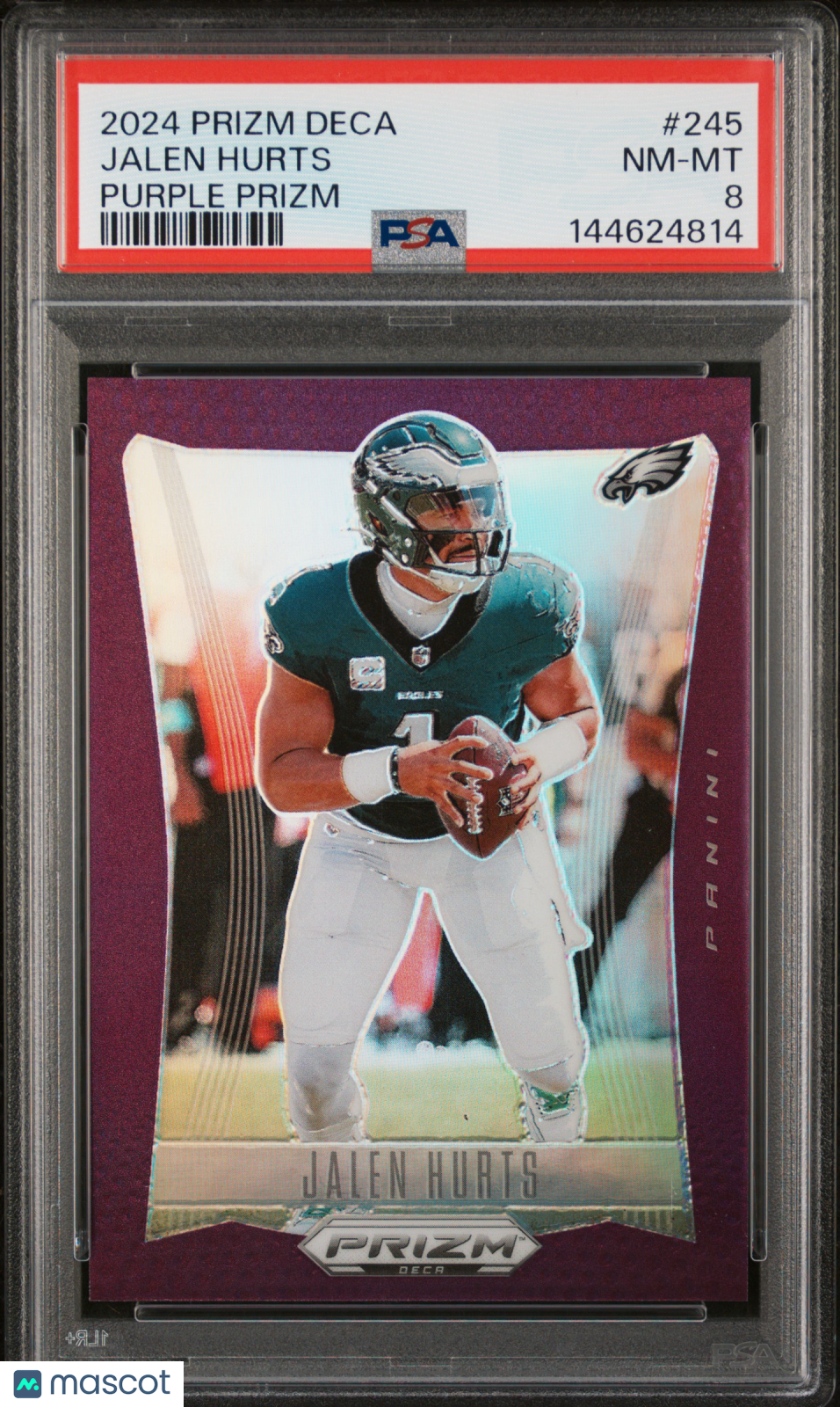 2024 Panini Prizm Deca Jalen Hurts #245 Purple 48/99 PSA 8