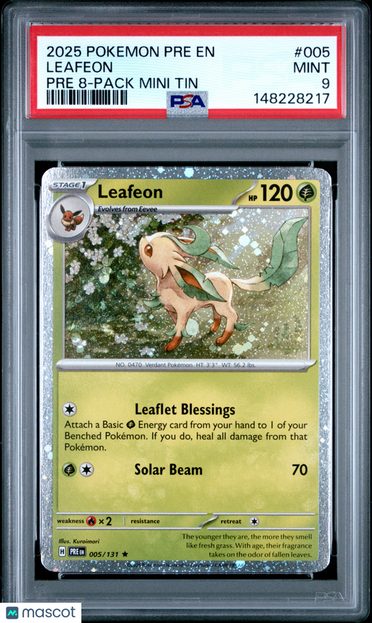 2025 Pokemon Pre EN-Prismatic Evolutions Leafeon #005 Pre 8-Pack Mini Tin PSA 9