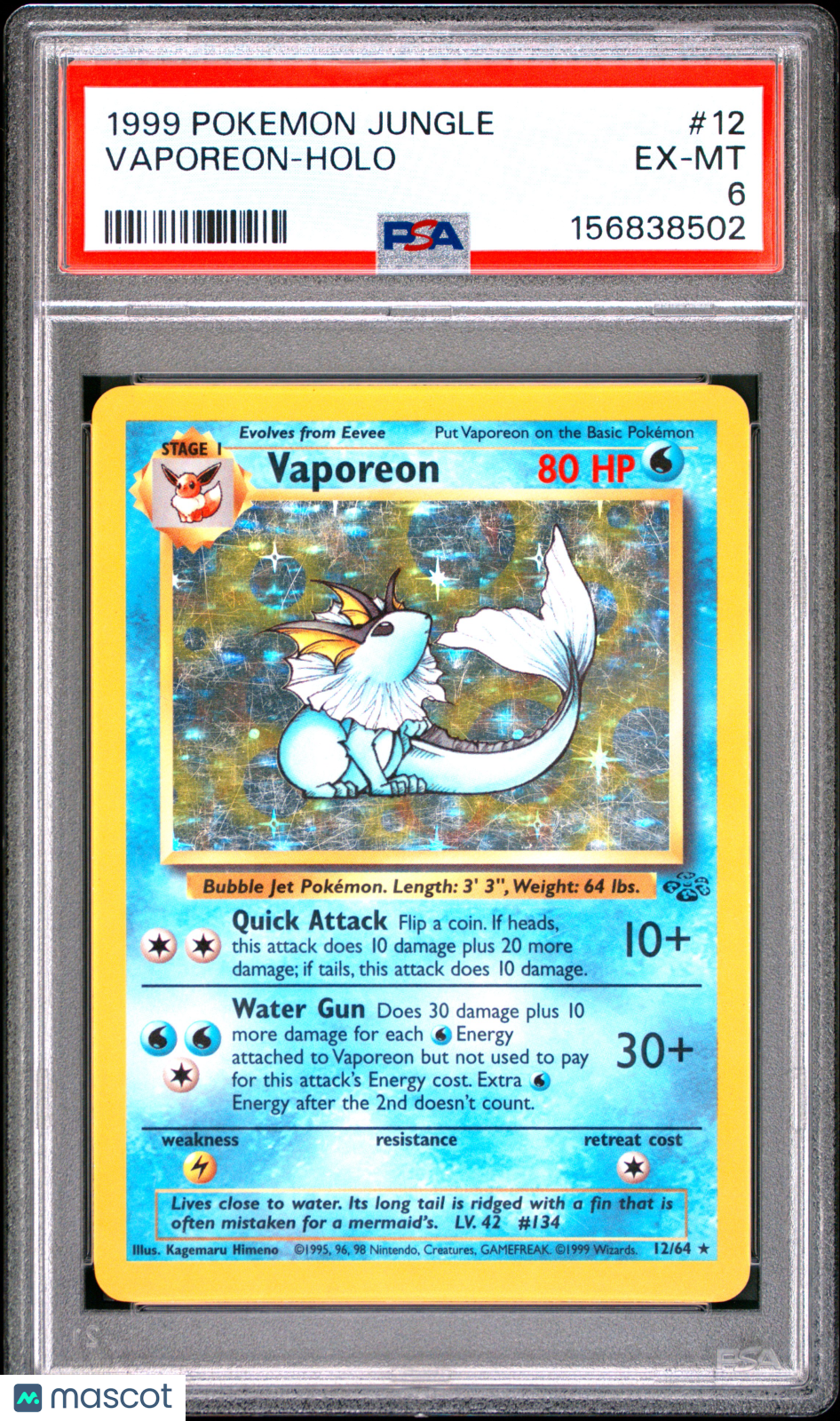 1999 Pokemon Jungle Vaporeon #12 PSA 6