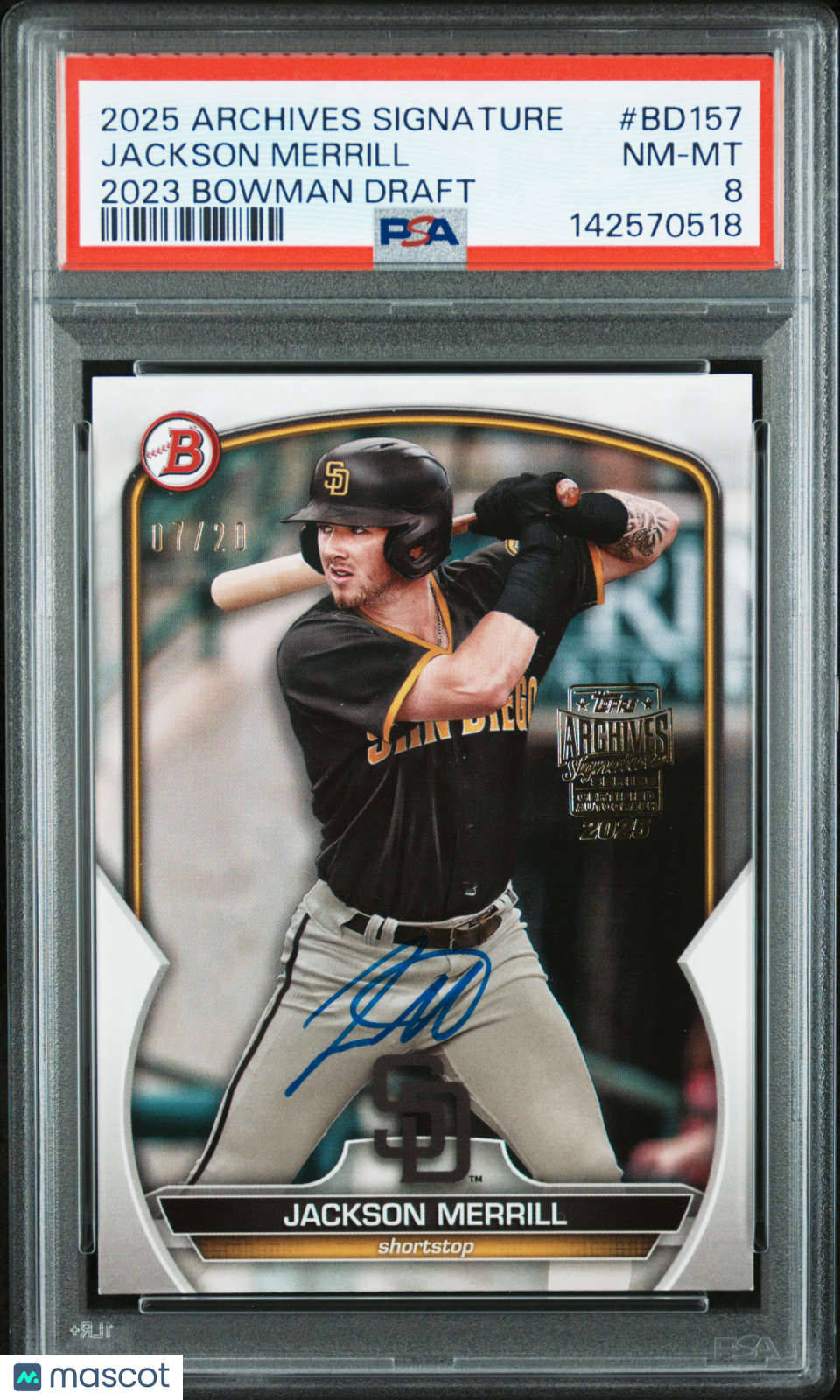 2025 Topps Archives Signature Series Jackson Merrill #BD157 2023 Bowman Draft /20 PSA 8