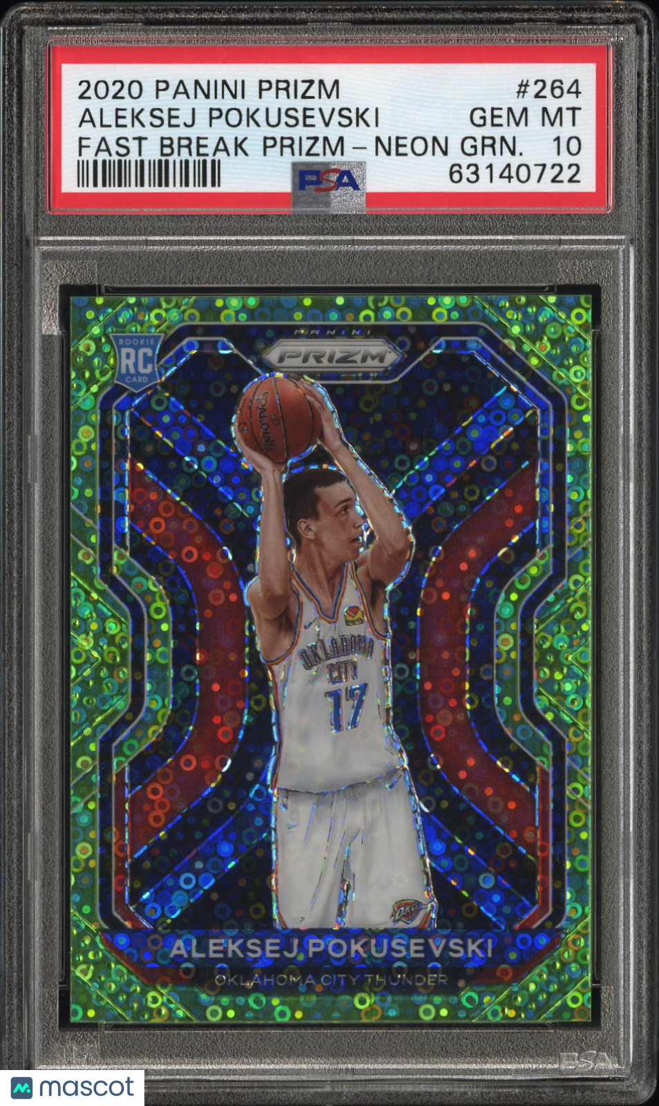 2020 Panini Prizm Aleksej Pokusevski #264 Fast Break Neon GRN. PSA 10