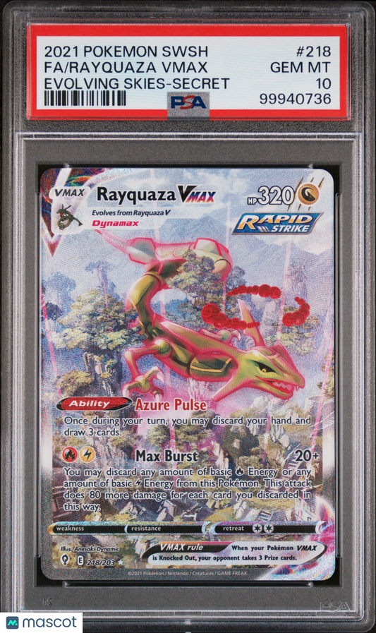 2021 Pokemon Sword & Shield Evolving Skies Rayquaza VMAX #218 Fa PSA 10