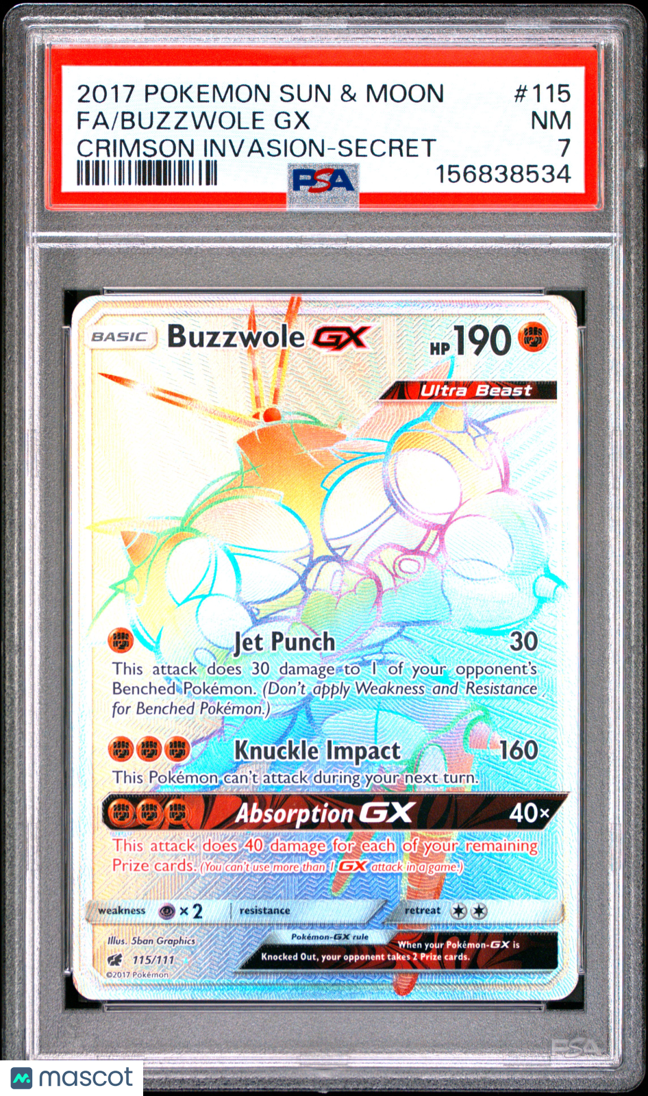 2017 Pokemon Sun & Moon Crimson Invasion Buzzwole GX #115 PSA 7