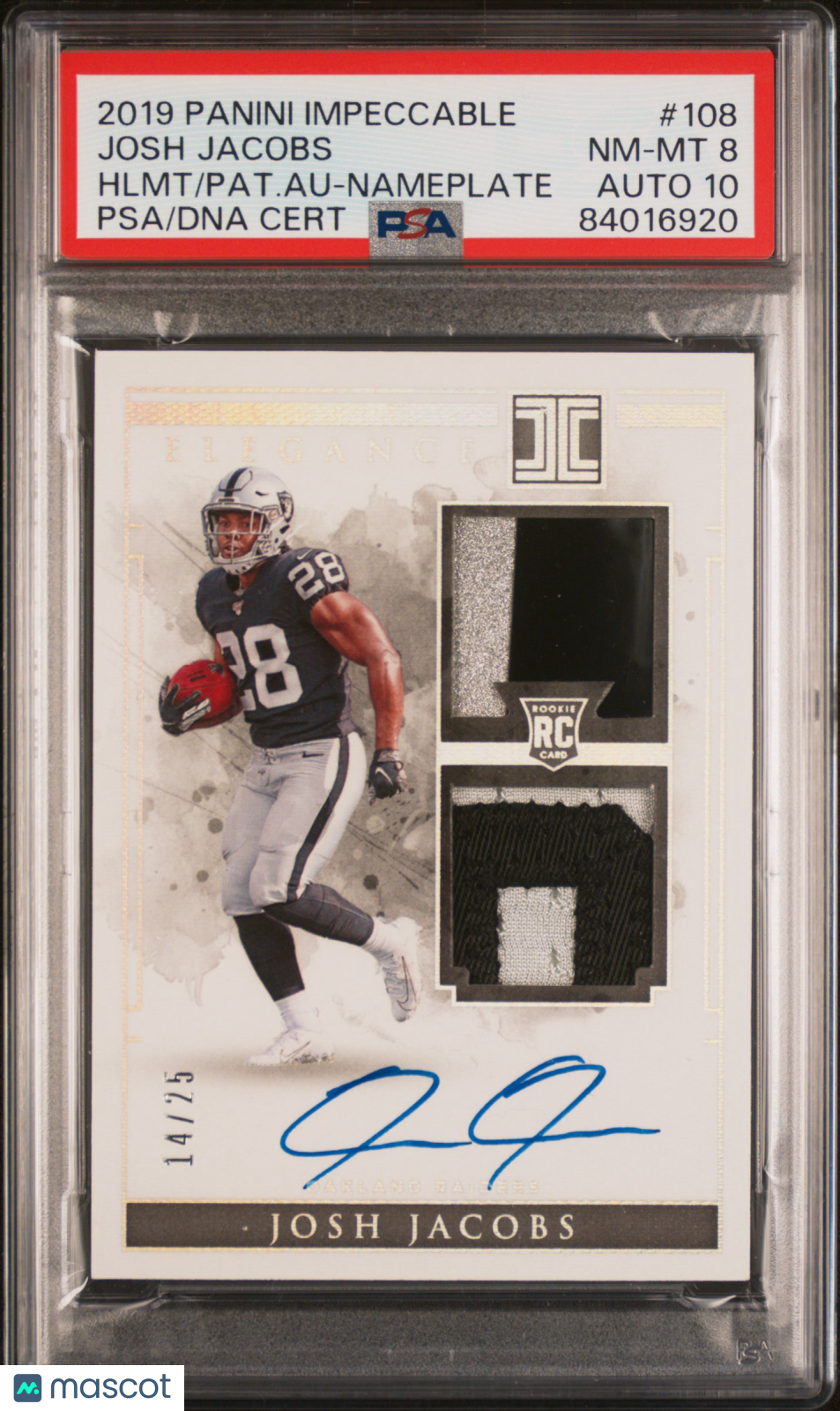 2019 Panini Impeccable Josh Jacobs #108 Hlmt Pat. Au Nameplate PSA 8 Auto 10