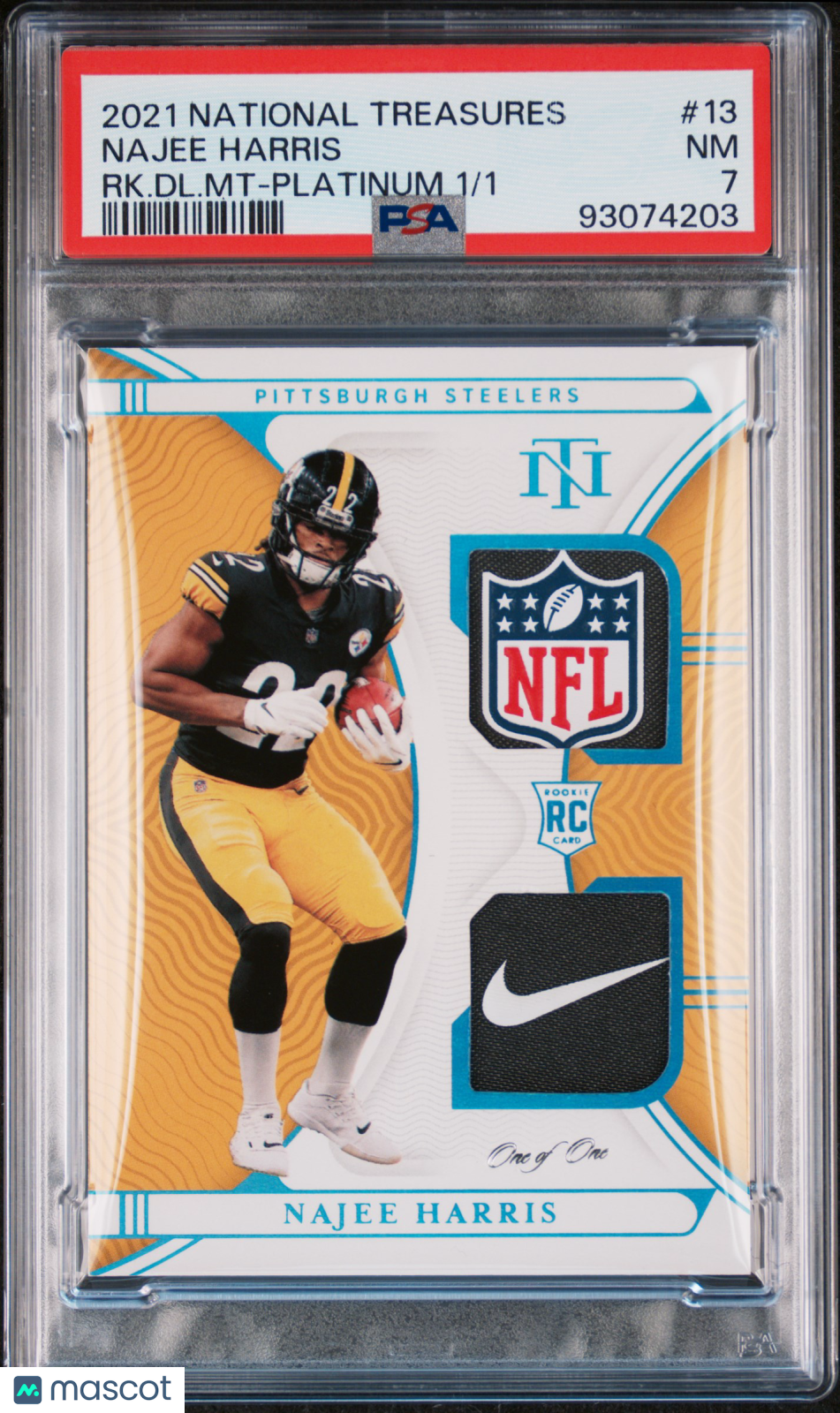 2021 National Treasures Najee Harris #13 Rookie Dual Materials Platinum 1/1 PSA 7