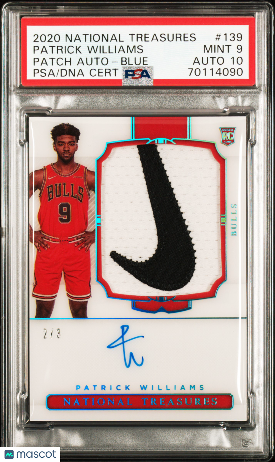 2020 National Treasures Patrick Williams Rookie Patch Auto Nike Blue PSA 9 RPA